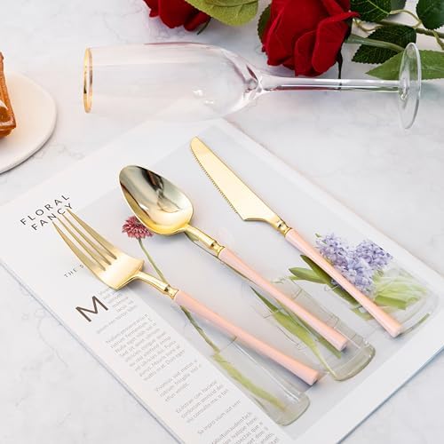 Lullaby 150PCS Heavy Duty Gold Plastic Silverware with Pink Handle - Image 5