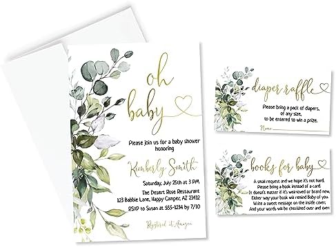 All Ewired Up Personalized Oh Baby Greenery Eucalyptus Shower Invitations and Envelopes, Diaper Raffle Cards, Books for Baby Inserts, Sage in Bloom, Gender Neutral by AllEwiredUp
