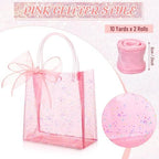Sayglossy 24 Pcs Clear Pink Gift Bags with Handles 6.1 x 5.9 x 2.8 Inch Wedding Transparent Glitter Tote with Ribbons Reusable PVC Gift Wrap Bags for Baby Bridal Shower Birthday Party - Image 4