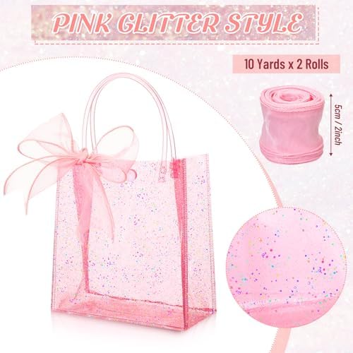 Sayglossy 24 Pcs Clear Pink Gift Bags with Handles 6.1 x 5.9 x 2.8 Inch Wedding Transparent Glitter Tote with Ribbons Reusable PVC Gift Wrap Bags for Baby Bridal Shower Birthday Party - Image 4
