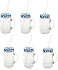 Sunshine Mason Co. Glass Mason Jar Drinking Mug set with handle, Blue Gingham lids and Clear Straws, Set of 6 by Sunshine+Mason+Co.