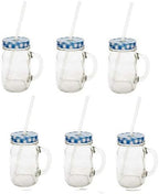 Sunshine Mason Co. Glass Mason Jar Drinking Mug set with handle, Blue Gingham lids and Clear Straws, Set of 6 by Sunshine+Mason+Co.