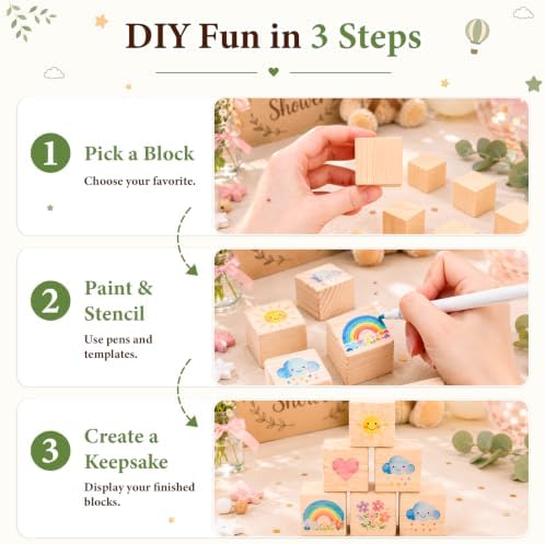 85 PCS Baby Shower Blocks Game Kit Templates to Paint, DIY Baby Shower Games & Gender Reveal Activity Set, 52 Wooden Blocks to Decorate, Includes 24 Acrylic Markers, Game Sign & 8 Templates to Paint - Image 2