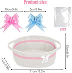 Gift Basket, Hamper Kit, Empty Hamper Basket with Cellophane Bags and Pull Bows, Rope Gift Baskets with Handles, Woven Gift Baskets for Baby Shower, Wedding, Birthday, Housewarming (White-pink) - Image 4