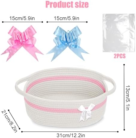 Gift Basket, Hamper Kit, Empty Hamper Basket with Cellophane Bags and Pull Bows, Rope Gift Baskets with Handles, Woven Gift Baskets for Baby Shower, Wedding, Birthday, Housewarming (White-pink) - Image 4