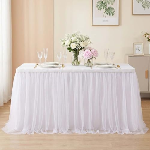 QueenDream 108in White Tutu Table Skirt Rectangle Tables or Round Tables Bridal Shower Tulle Tablecloth for Baby Shower Girls Parties Cake Dessert Table Decorations Ruffle Table Skirting - Image 7