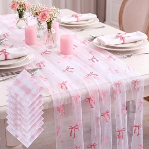 8 Pcs Pink Bow Table Runners 29 x 70 in Pink Bow Tablecloth by Windkream