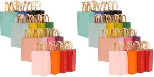 qiqee 64-Packs Paper Bags with Handles Bulk 7.6"x4.75"x10.5" Medium Gift Bags 16 Different Senior Color Bags Multiple Uses（Medium Size） by Qiqee