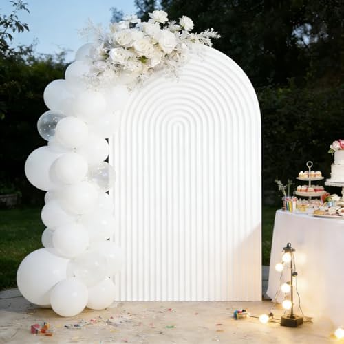 Double-Sided Arch Frame Fabric Cover Beige White Ripples Arched Panel Stand Cover for Wedding Birthday Baby Shower Parties Decoration (White-HP461,4X7ft) by AOSTO