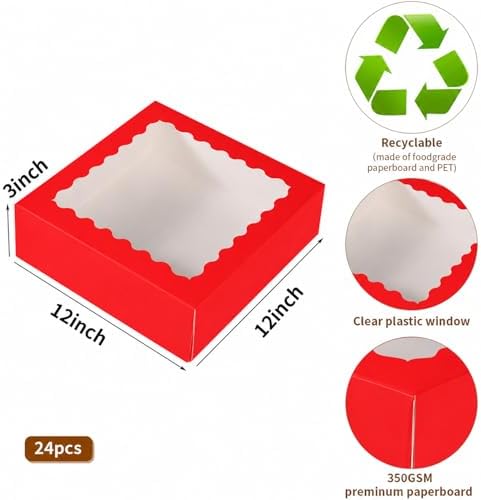 24 pcs Red Pie Boxes,12x12x3 Inch Auto-Popup Bakery Boxes with Window Donuts Chocolate Muffins Donuts Pastry Dessert Cookie Box For Packaging - Image 2