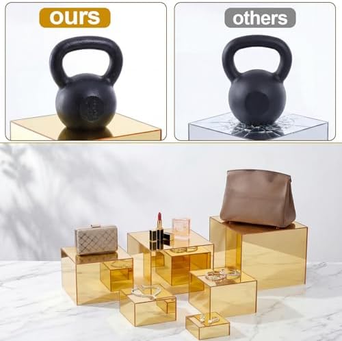 Geelin 6 Pack Acrylic Risers for Display Acrylic Cube Boxes Risers Display Stands with Hollow Bottoms Decorative Stand for Jewelry Candy Table Decor 6 Sizes(Gold,3 to 8 Inch,Square) - Image 5