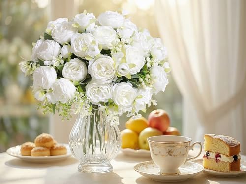 Peonies Artificial Flowers Bouquet, Lifelike Silk Fake Peonies with Stems for Home Table Centerpieces, Wedding, Party & DIY Bridal Floral Arrangements (24, White) - Image 3