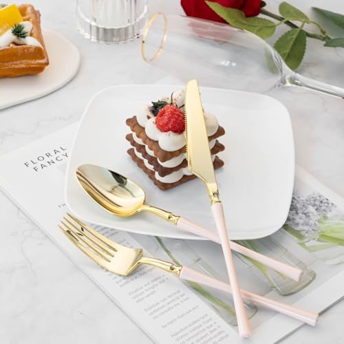 Lullaby 150PCS Heavy Duty Gold Plastic Silverware with Pink Handle - Image 6