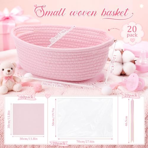 OBreezify 20 Sets Small Pink Woven Gift Basket with Handle, 12"x 8"x 5" Gift Baskets with Bags Pull Bows and Tissue Paper, Empty to Fill with Present Small Items for Baby Shower Nursery Storage - Image 2