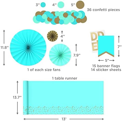 Hallmark Crayola Hallmark Color Pop Party Decorations Set - Aquamarine Blue and Gold (Customizable Banner, Reversible Table Runner, Paper Fan Flowers, Paper Dots) for Birthdays, Baby Showers, Holidays - Image 3