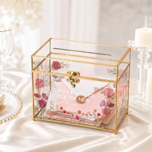 Leinuosen Glass Wedding Card Box with Slot and Lock, Gold Rim by Leinuosen