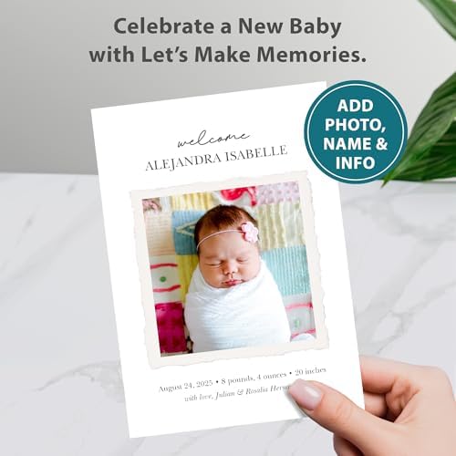 Let's Make Memories Personalized Baby Announcement Cards - Birth, Adoption - Boy, Girl - Premium Quality Custom Photo Cards for Mailing - 5x7 - Includes White Envelopes - Scrapbook - 100 ct - Image 2