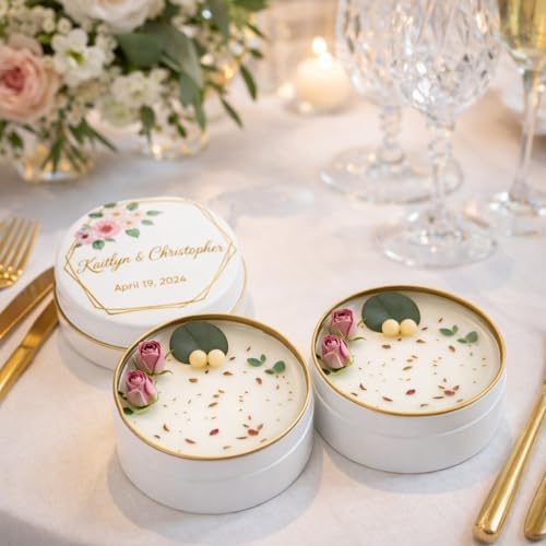 Personalized Candle Wedding Favors – Scented Custom Soy Wax Thank You Gifts with Dried Flowers – Custom Names & Date – Elegant Tin Gift (10-20-30-40-50-100 Bulk Options) - Image 5