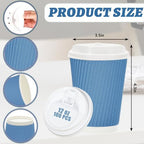 Whaline 100 Pcs Summer Dusty Blue Disposable Coffee Cups with Lids 12 Oz Gradient Blue Paper Cups Corrugated Ripple Wall Insulated Hot Cup for Home Office Party Supplies (Pack of 2) - Image 2