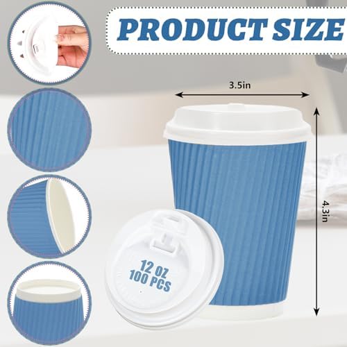 Whaline 100 Pcs Summer Dusty Blue Disposable Coffee Cups with Lids 12 Oz Gradient Blue Paper Cups Corrugated Ripple Wall Insulated Hot Cup for Home Office Party Supplies (Pack of 2) - Image 2