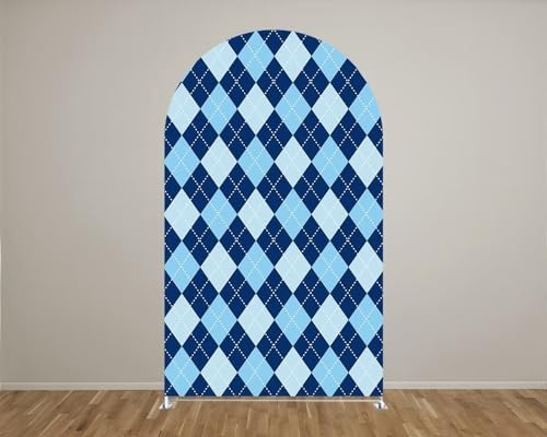 Blue Rhombus Plaid Boss Arch Backdrop Cover for Father Boys Birthday Party Arched Stand Stretchy Fabric Covers Baby Shower Cake Banquets Parties Supplies Decorations3x5FT - Image 2