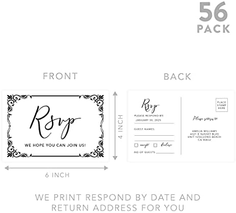 Andaz Press 56-Pack Personalized RSVP Postcards for Wedding Art Deco Frame Cardstock Response Reply Cards for Bridal Shower Baby Shower Birthday Event Custom Date and Return Address 4 x 6-Inch - Image 5