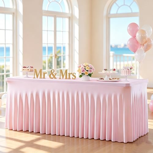Baby Pink Spandex Tablecloth for 6 Foot Rectangle Tables Fitted Stretch Spandex Table Cover with Skirt 6ft Baby Shower Birthday Party Banquet Ruffle Light Pink Tablecloth Wedding Table Cloths by LittleFunny