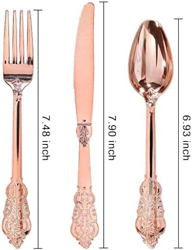 WDF-300 Pieces Rose Gold Plastic Silverware- Disposable Flatware -Heavyweight Plastic Cutlery- Includes 100 Forks, 100 Spoons, 100 Knives for Wedding/Parties/Birthday - Image 4