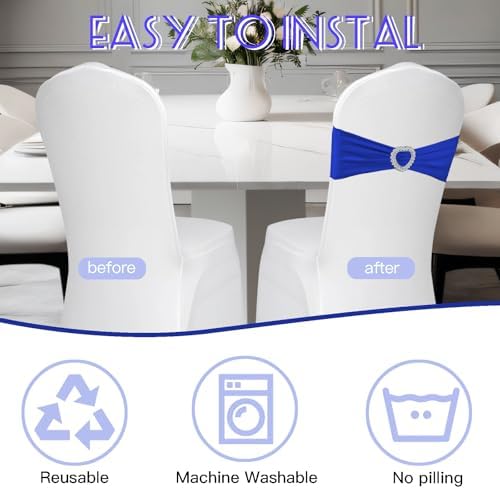 100PCS Spandex Stretch Royal Blue Chair Sashes Bows Universal Elastic Chair Cover Bands Ties with Buckle Slider for Wedding Party Ceremony Reception Event Banquet Decoration(Royal Blue) - Image 4
