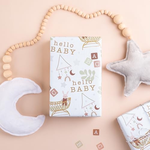 WRAPAHOLIC Jumbo Baby Shower Wrapping Paper - 30 Inch x 100 Feet Jumbo Roll - Hello Baby and Rabbit in Bassinet Design for Neutral Baby Shower, Boys Girls Kids Birthday - Image 6