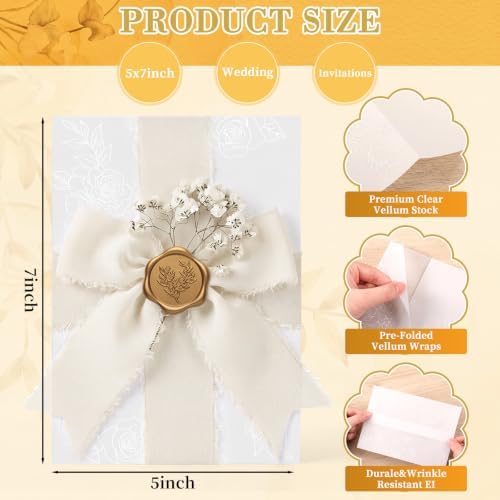 Fuyoooo 100 Set Wedding Invitations Wraps Set Pre Folded Vellum Jackets for 5 x 7 Invitations Self Adhesive Wax Seal Stickers Dried Baby's Breath Chiffon Silk Ribbon for Craft DIY (Rose Style) - Image 4