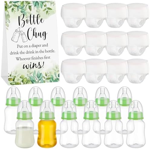 12 Set Bottle Chug Baby Shower Games Favors Funny Diaper Change Game Including Plastic Baby Bottles Chug Disposable Diapers Themed Sign for Gender Reveal Party Supplies(Green,Greenery) by Unknown