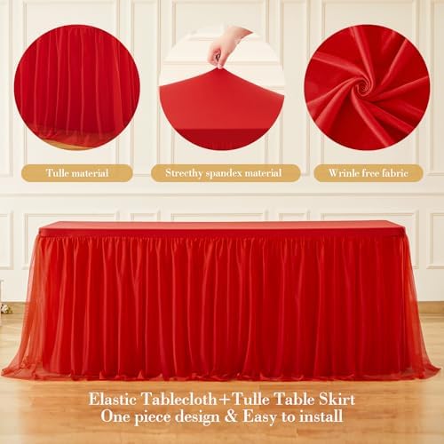 Suppromo 2 Pack 8ft Red Tulle Tablecloths for Rectangle Tables, 8 Foot Red Rectangular Table Cloth Wrinkle Free Tablecover with Tutu Skirt for Baby Shower Wedding Birthday Party Banquet Buffet Cake - Image 6