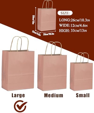 qiqee 100PCS Gift Bag with Handles Bulk Kraft Dusty Pink Paper Bags Multiple Uses (13"x10.3"x4.6"- Large Size) - Image 4