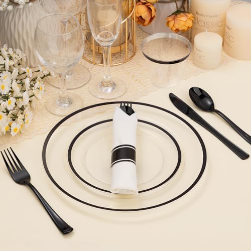 BESTSTAR 175 PCS Clear and Black Disposable Plastic Plate Set for 25 Guests - Image 6