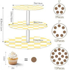 J JOYSAY Chess Checkerboard White Light Yellow Pattern Acrylic Cupcake Stand 3 Tier Dessert Table Display Set Clear Cake Stands for Baby Shower Wedding Party Decorations Easy Assembly Pastry Tower - Image 3