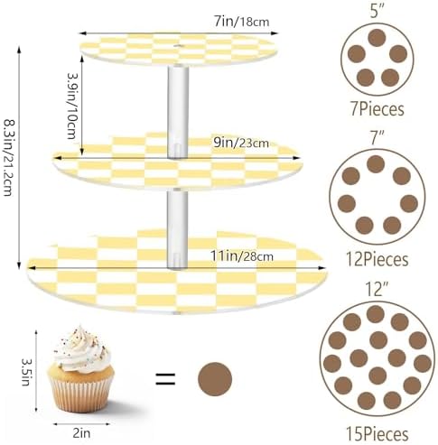 J JOYSAY Chess Checkerboard White Light Yellow Pattern Acrylic Cupcake Stand 3 Tier Dessert Table Display Set Clear Cake Stands for Baby Shower Wedding Party Decorations Easy Assembly Pastry Tower - Image 3