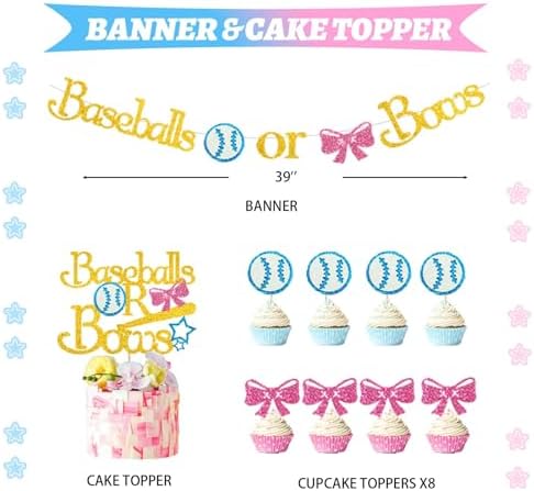 Hombae Baseball or Bows Gender Reveal Decorations, 171 PCs Boy or Girl Gender Reveal Decorations Backdrop Balloon Garland Banner Tablecloth Cake Cupcake Topper Box Cutout Poster Sash Pink Blue - Image 3