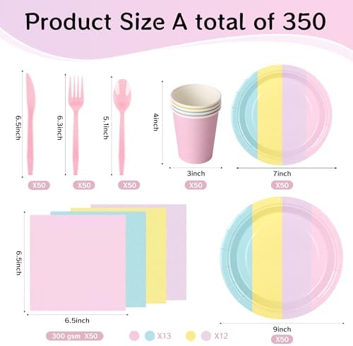 350 Pcs Pastel Disposable Plates and Napkins Tableware Set for 50 Guests - Image 2
