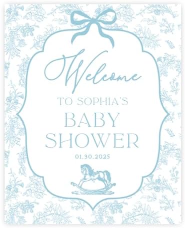 Andaz Press Personalized Baby Blue Toile de Jouy Baby Shower Decorations, Toile De Jouy Baby Shower Welcome Sign, Tea Party Decor, Elegant French Vintage Lace Chinoiserie Party Supplies, 16x20 Inches by AndazPress