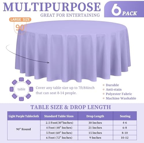 Showgeous 90 Inch Lavender Round Tablecloths, Polyester Table Covers - Image 2