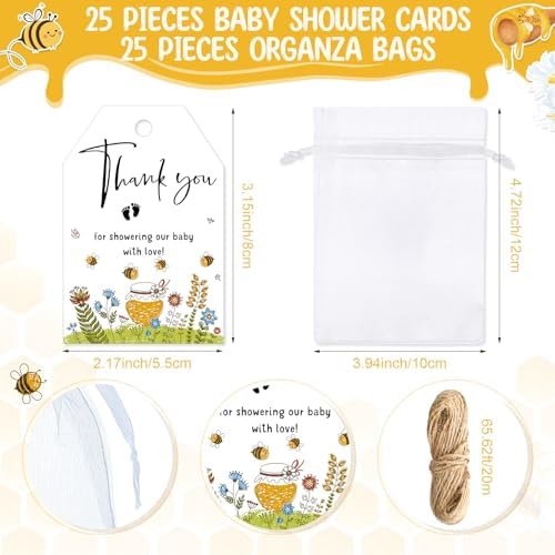 Wesiti 25 Sets Baby Shower Favor for Guests Honey Bee Keychain with Nail Clipper and Bottle Opener Thank You Tag Card Organza Bag - Image 3