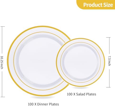 Goodluck 200PCS Gold Plastic Plates, Heavy Duty Disposable Gold Plates with 100 10.25 inch Dinner Plates and 100 7.5 inch Dessert Plates for Party, Holiday, Wedding, Thanksgiving (Pack of 3) - Image 4