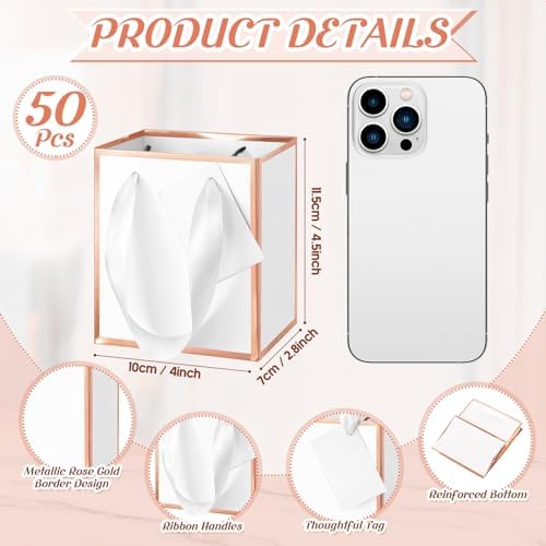 Yeaqee 50 Pcs Mini Paper Gift Bags with Handles Tag, White, Rose Gold - Image 2