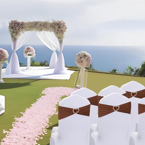 Brown Chair Sashes 50 Pack Spandex Brown Sashes for Chairs Covers Universal Stretch Chair Sashes Band with Heart Buckle Slider for Wedding Banquet Party Decorations - Image 6