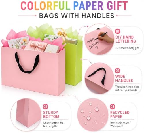 Yesland 24 Pcs Large Gift Bag with Handles, 6 Colors Kraft Paper Party Favors Gift Bag, 15.7 x 4.7 x 11 Inch Rainbow Goodie Bags for Birthday Baby Shower Holiday Wedding Business School Supplies Merchandise - Image 3