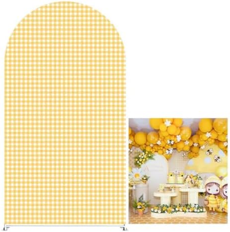 Ginger Yellow Checkered Arch Backdrop Cover 7.2FT Yellow Gingham Stretchy Spandex Arch Stand Cover for Birthday Baby Shower Ceremony Wedding Party Decoration (Only Cover) by KONPON