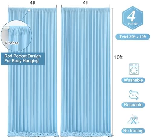 Blue Backdrop Curtains 4 Panels - Wrinkle-Free Light Blue Curtains Polyester Photography Drapes Photo Background for Baby Shower Birthday Party Decorations- 16 X10FT (Blue) - Image 3