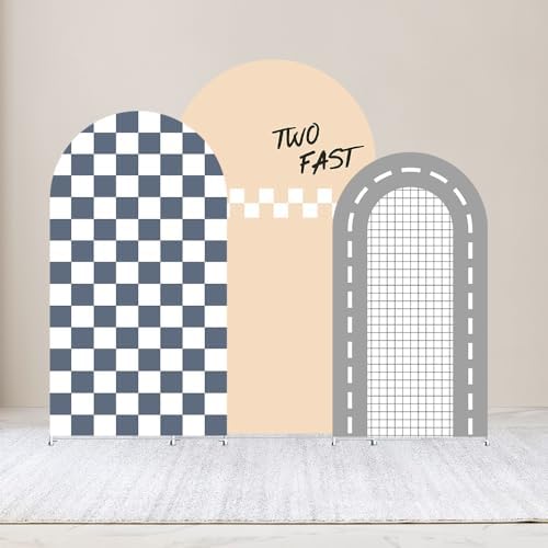 Set of 3 Racing Car Arch Backdrop Cover Track Checkered Spandex Stretchy Arch Cover for Boys Birthday Wedding Baby Shower Party Decoration (4ft,5ft,6ft,Two Fast) - Image 2