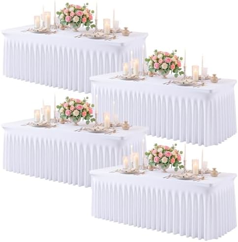 4 Pack White Spandex Tablecloth for 4FT Rectangle Tables, Fitted Stretch Table Cover with Skirt, Wrinkle Free Washable Elastic Table Cloth for 4 Foot Folding Table, Wedding Banquet Baby Shower by Gogoparti